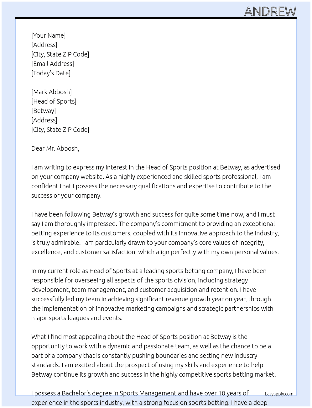 Head of Sports At Betway Cover Letter