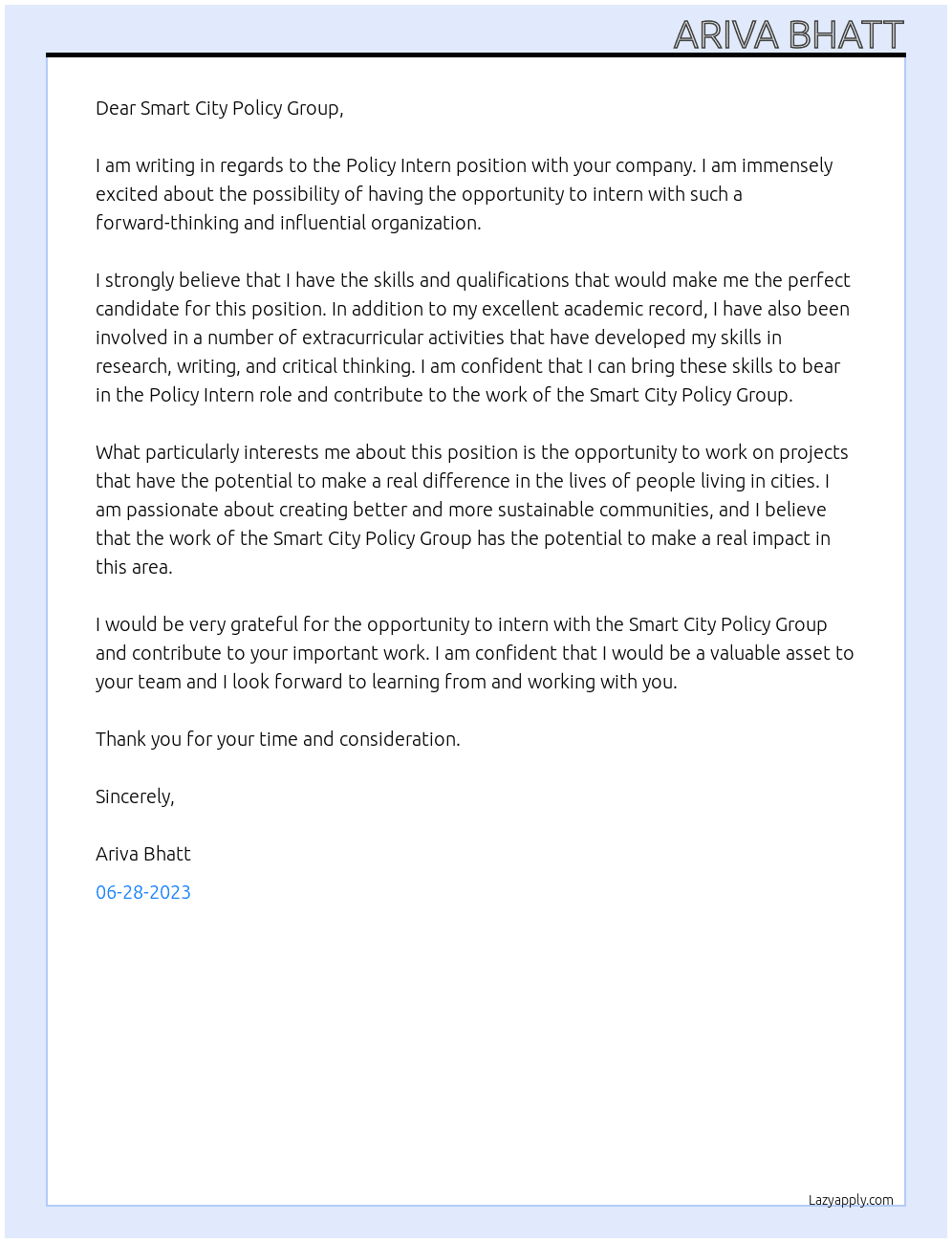 Policy Intern At Smart City Policy Group Cover Letter