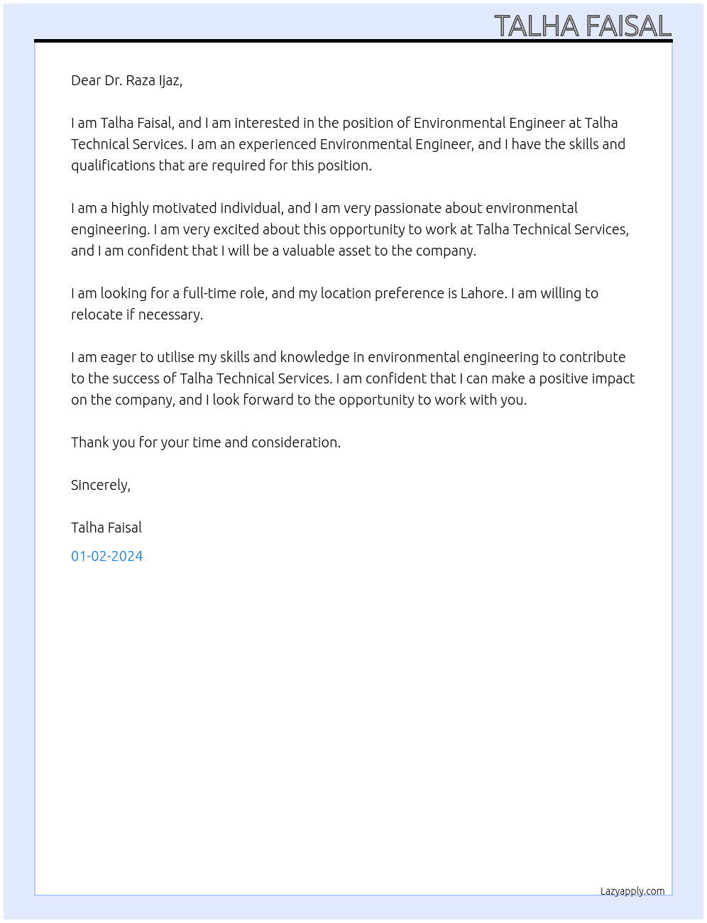 Environmental Engineering  At Talha technical services  Cover Letter
