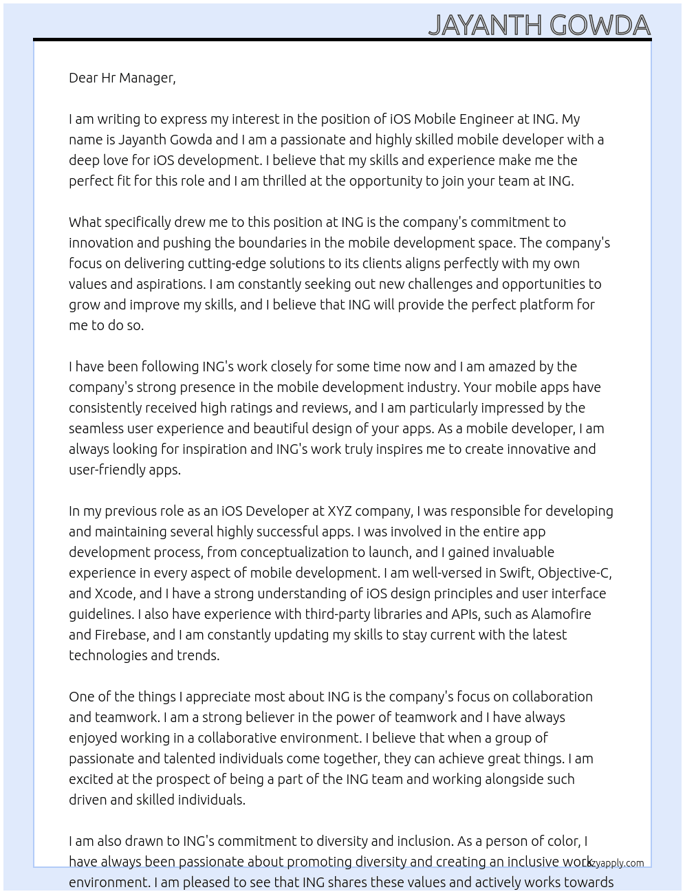 ios mobile engineer At ING Cover Letter