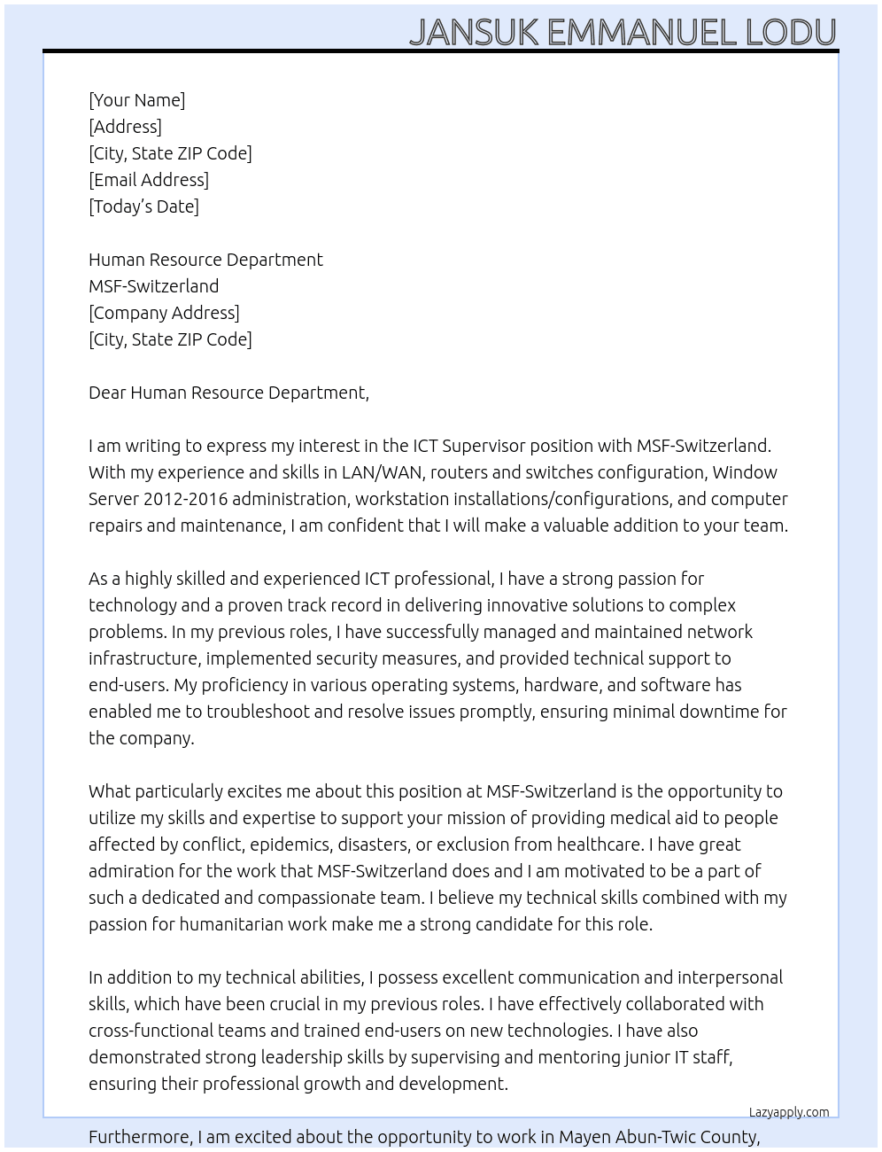 ICT Supervisor At MSF-Switzerland Cover Letter