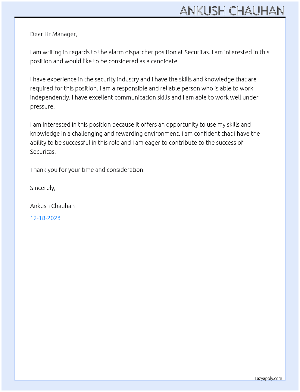Alarm Dispatcher At Securitas Cover Letter