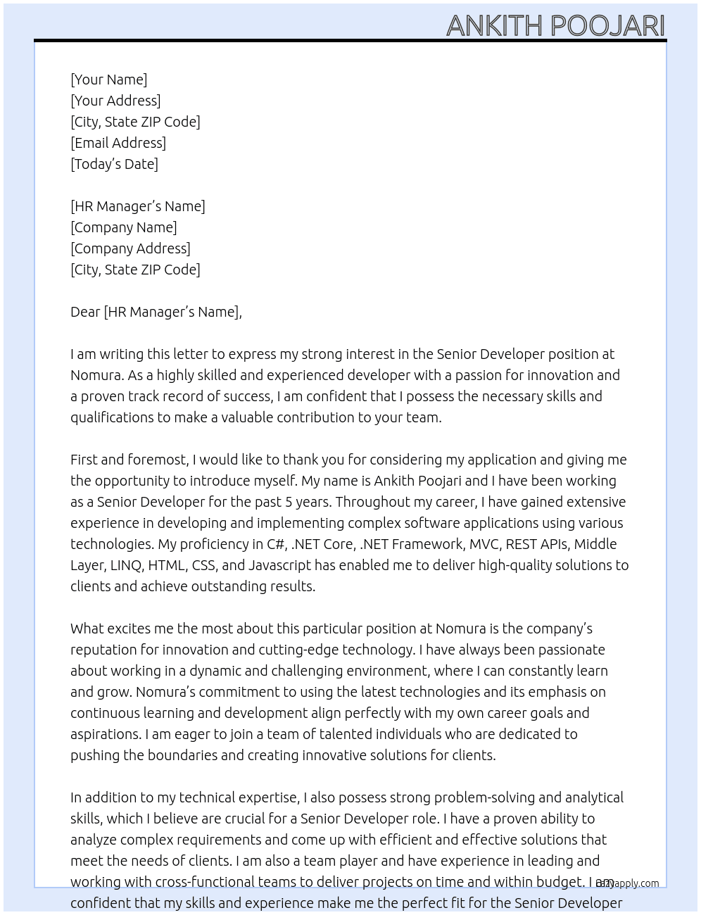 Senior Developer At Nomura Cover Letter