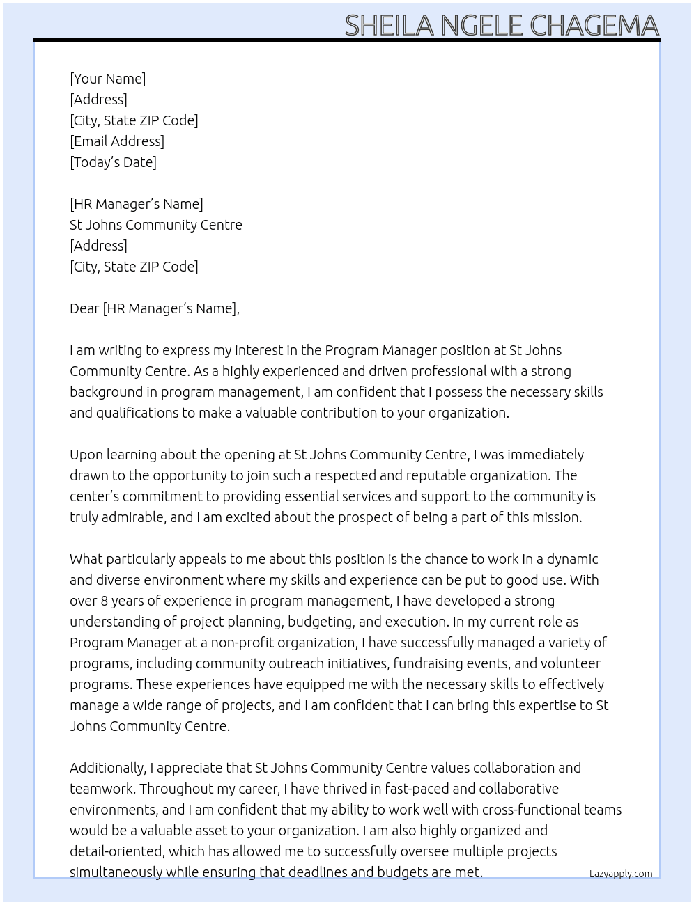 Program manager  At St Johns community centre  Cover Letter
