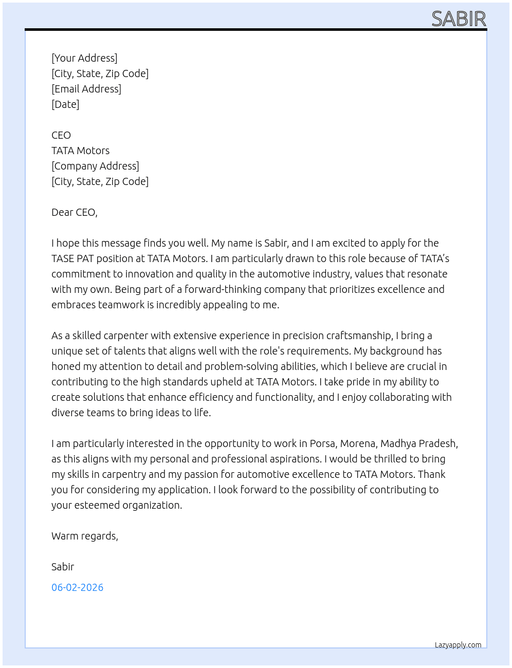 Cover letter for tase pat - LazyApply