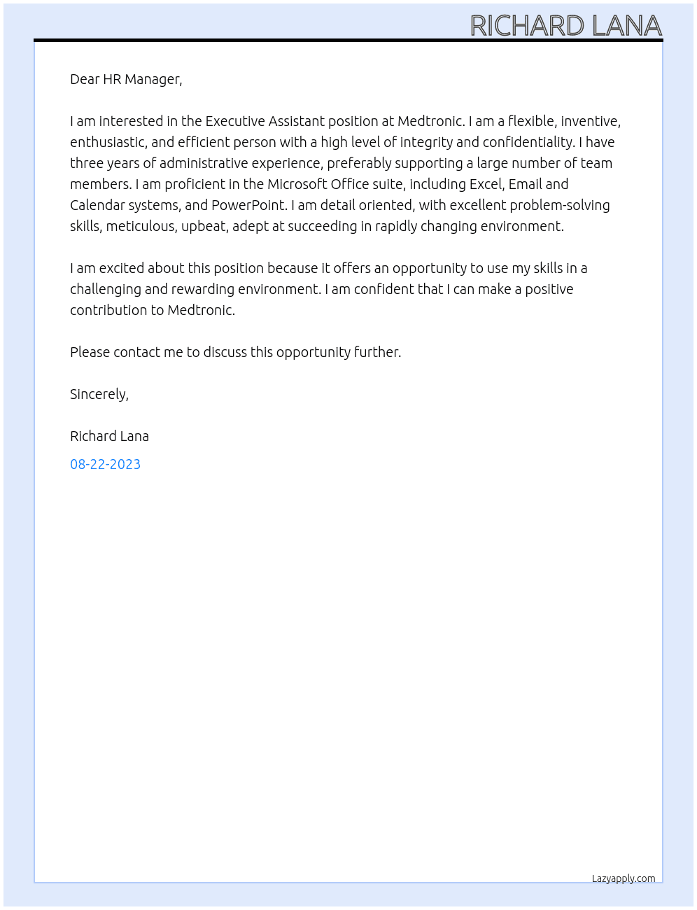 Executive Assistant At Medtronic Cover Letter