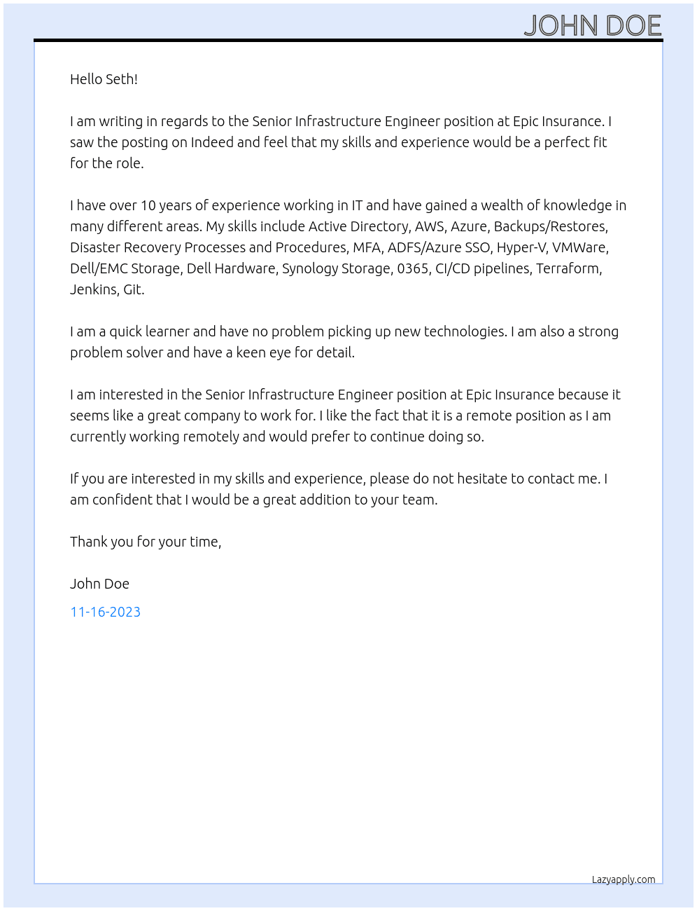 Senior Infrastructure Engineer At Epic Insurance Cover Letter