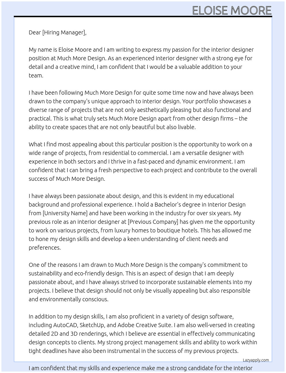interior designer At much more design Cover Letter