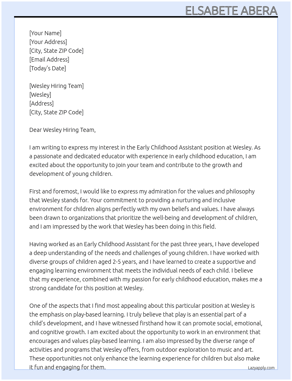 Early Childhood Assistant At Wesley Cover Letter