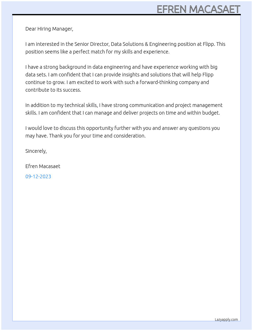 Senior Director, Data Solutions & Engineering At Flipp Cover Letter