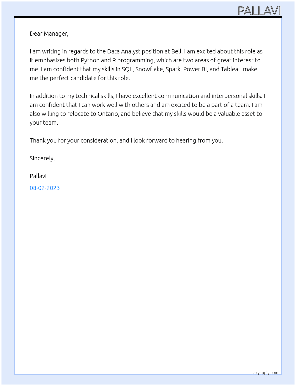 Data Analyst At Bell Cover Letter
