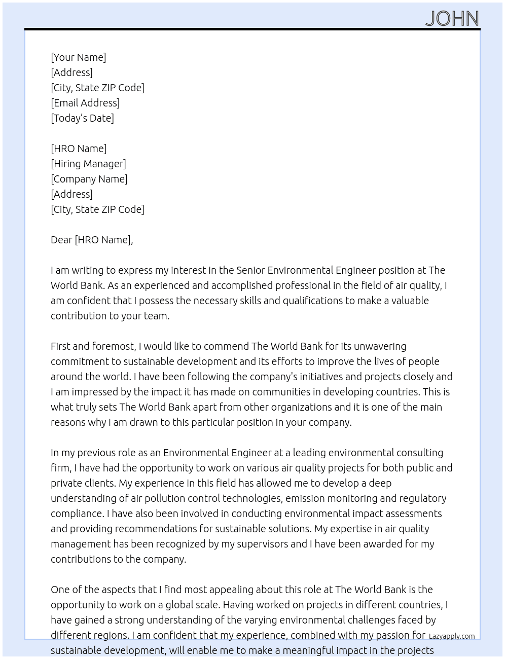 Senior Environmental Engineet At THE WORLD BANK Cover Letter