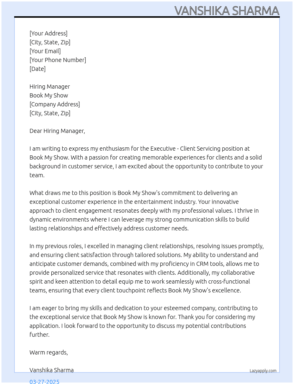 Cover letter for executive - client servicing - LazyApply