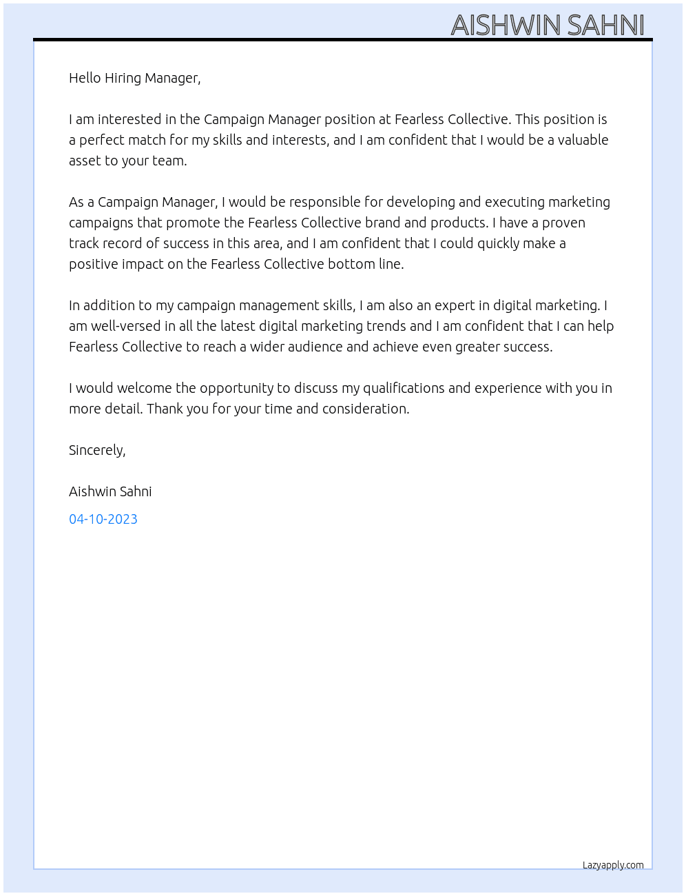 Campaign Manager At Fearless Collective Cover Letter