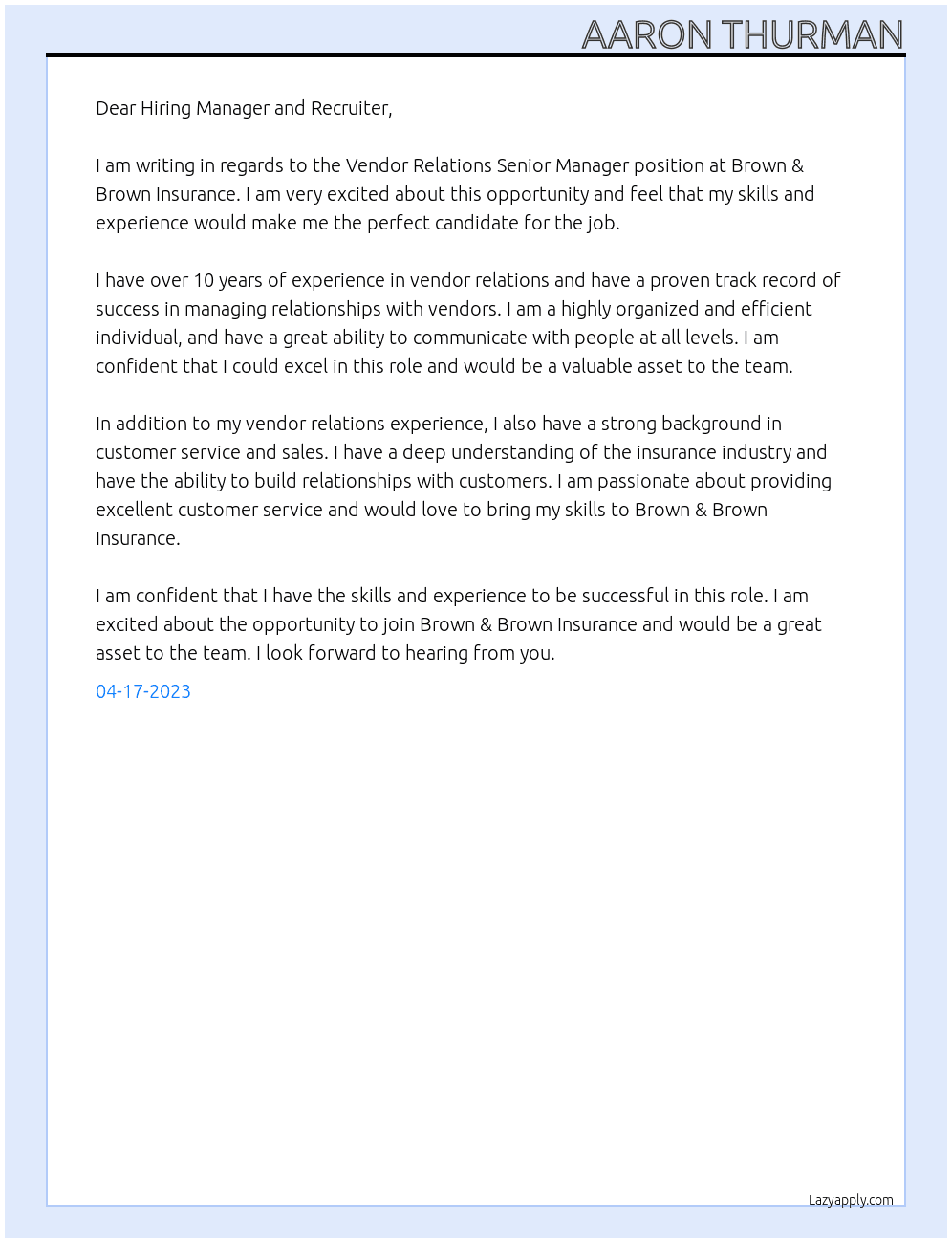 Vendor Relations Senior Manager At Brown & Brown Insurance Cover Letter