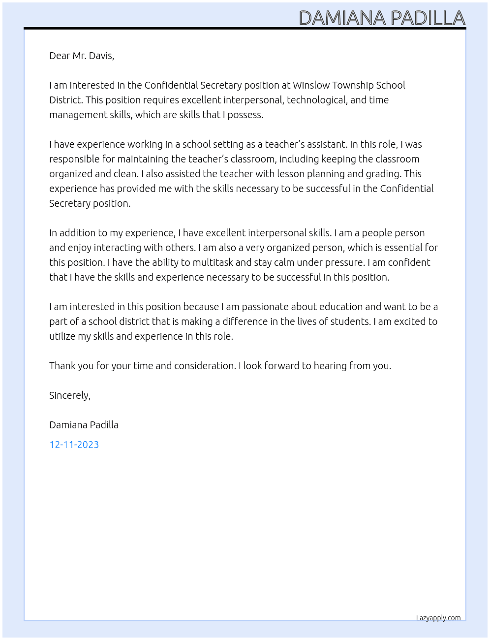 Confidential Secretary At Winslow Township School District Cover Letter