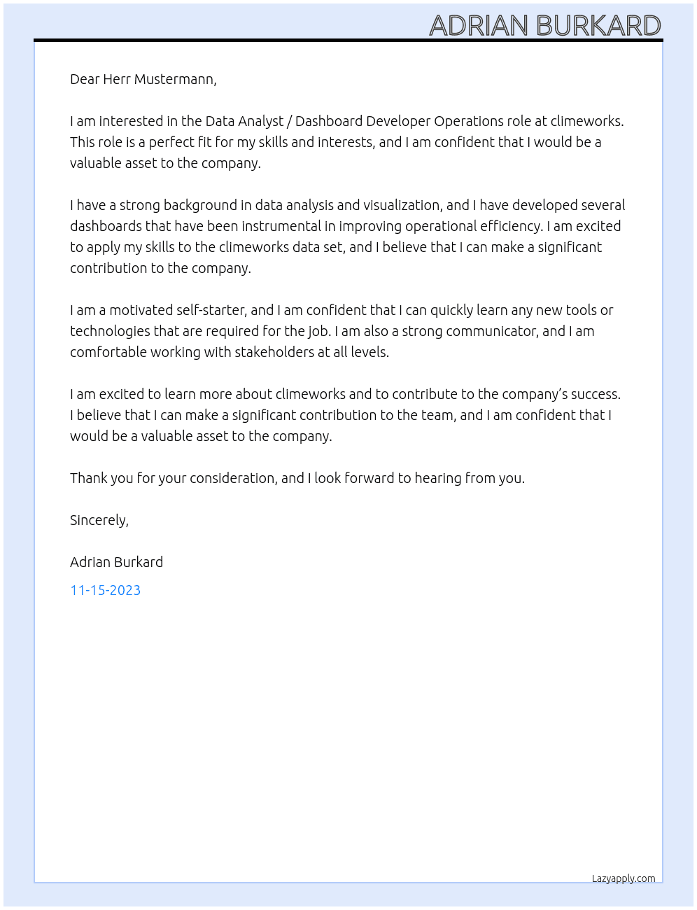 Data Analyst / Dashboard Developer Operations At climeworks Cover Letter