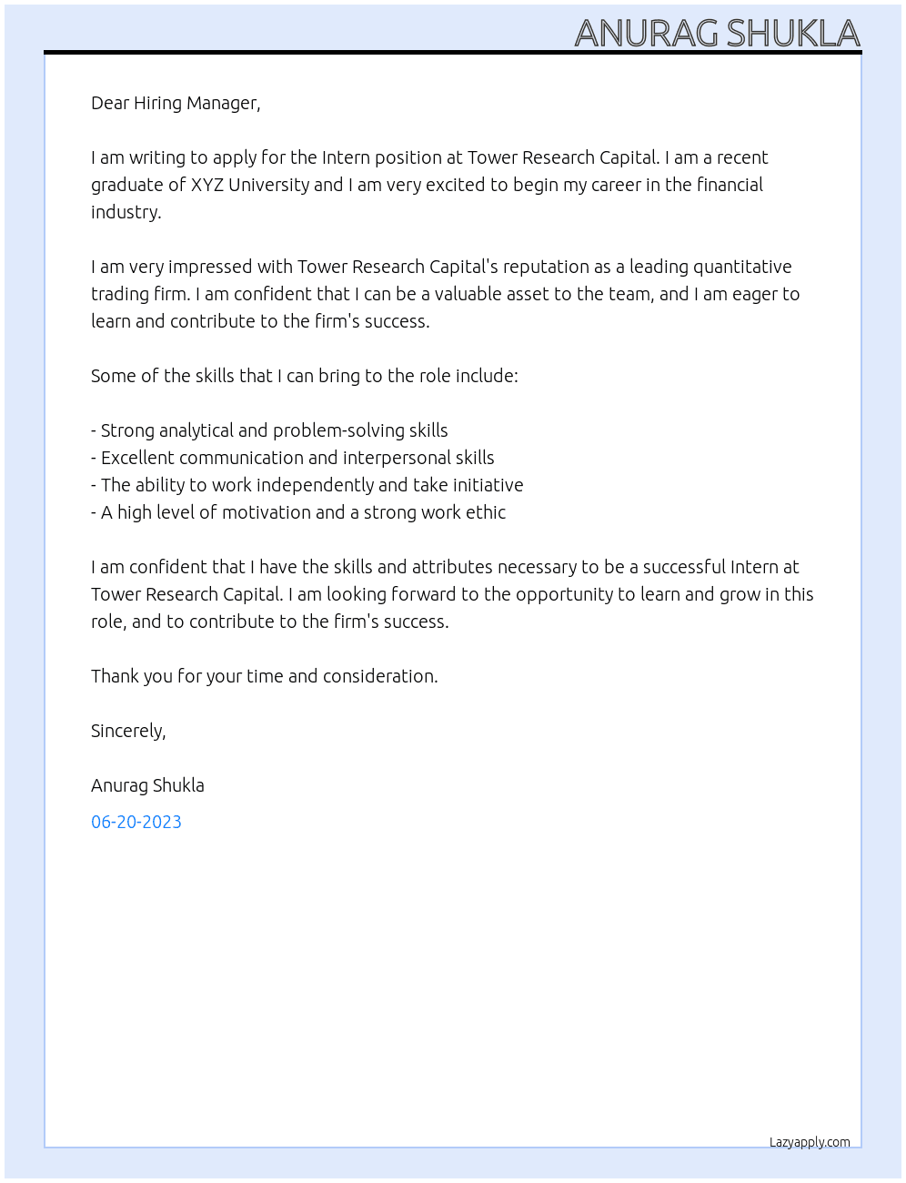 Intern At Tower Research Capital Cover Letter