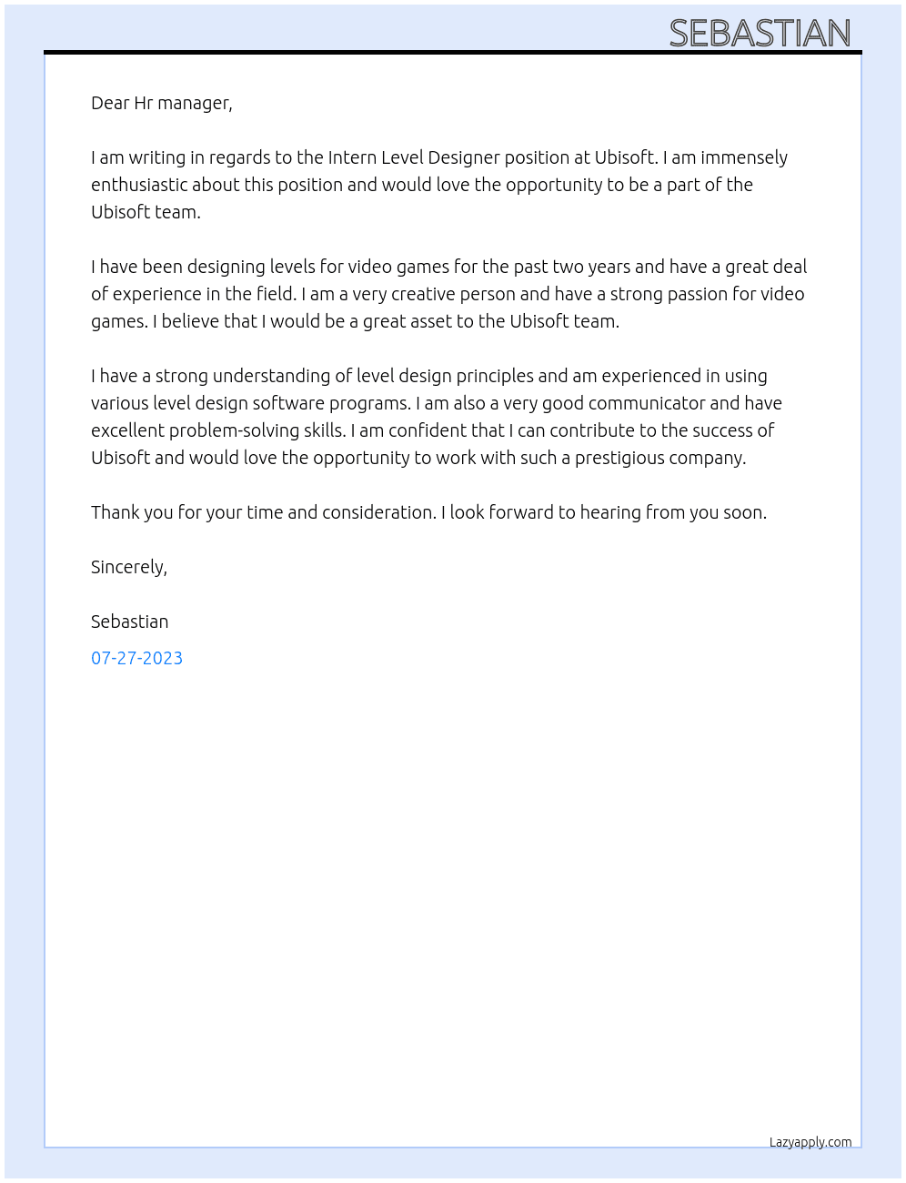 Intern Level Designer  At Ubisoft Cover Letter