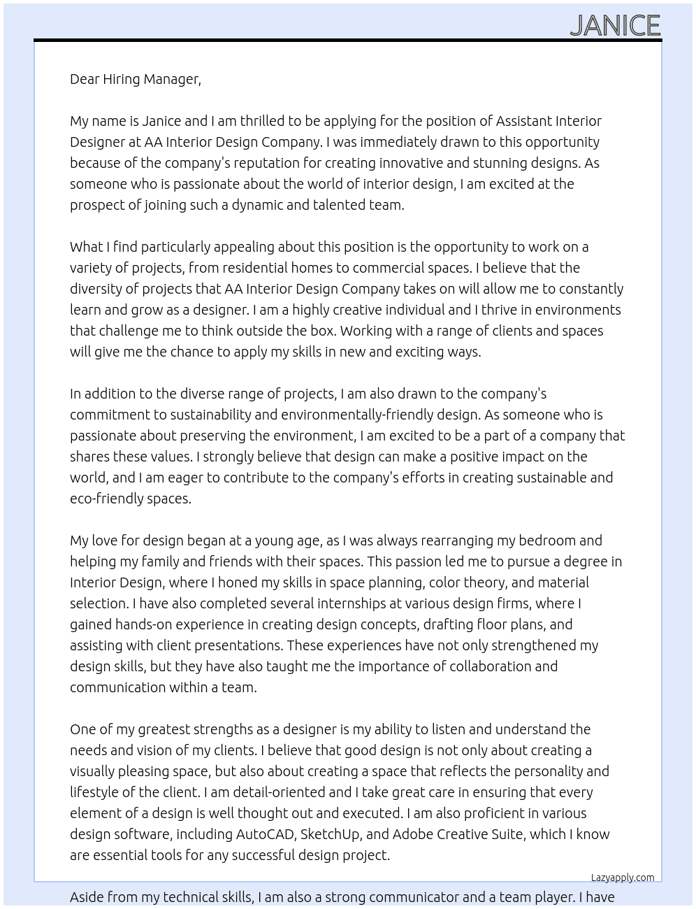 Assistant Interior Designer At AA Interior Design Company Cover Letter