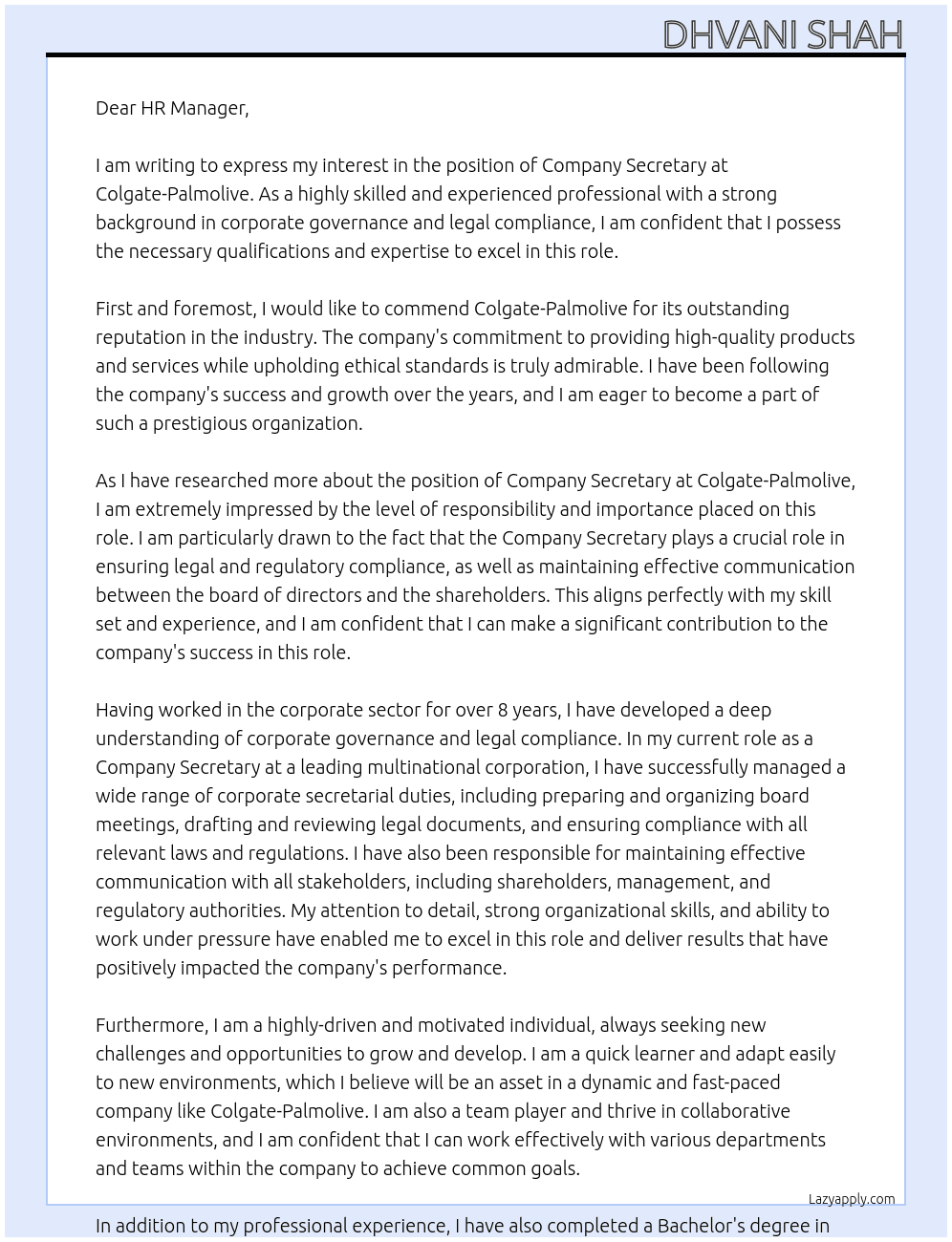 Company Secretary At Colgate-Palmolive Cover Letter