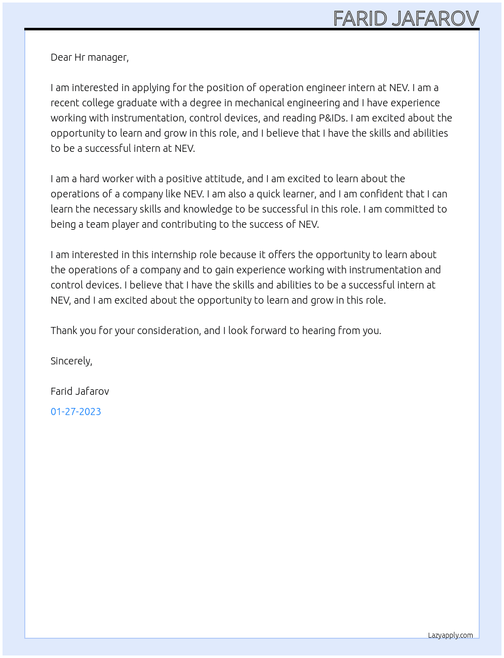 Cover letter for operation engineer intern - LazyApply