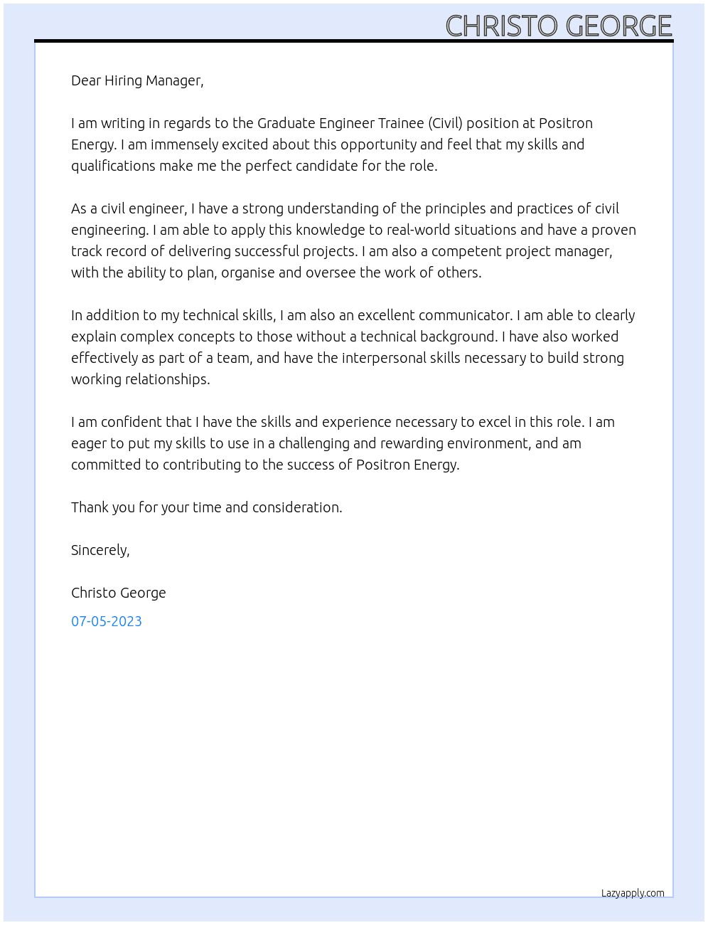 Graduate Engineer Trainee (Civil) At Positron Energy  Cover Letter