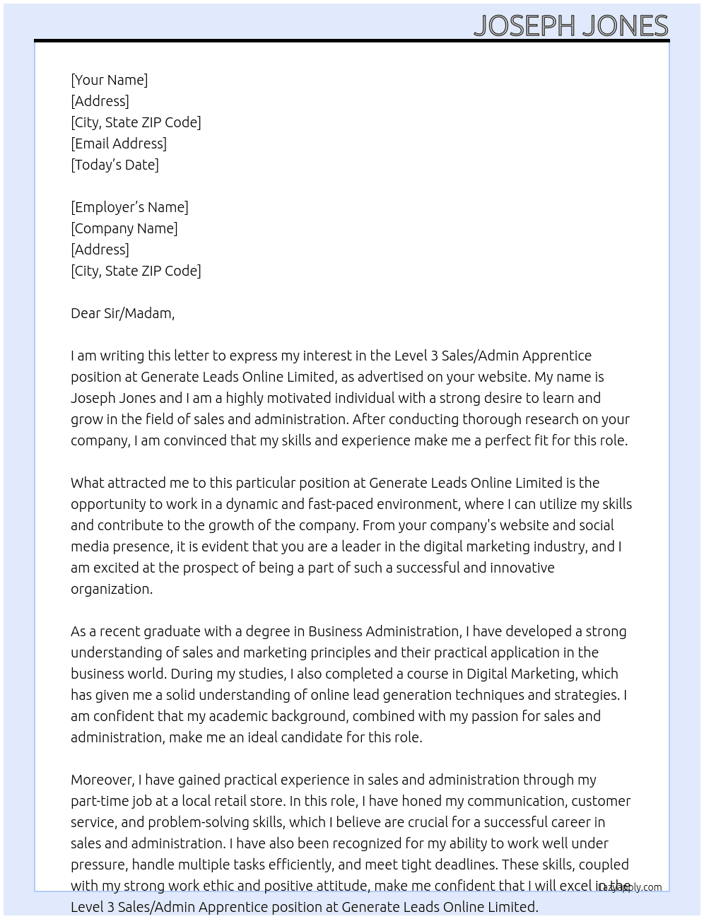 Level 3 Sales / Admin Apprentice At Generate Leads Online Limited Cover Letter