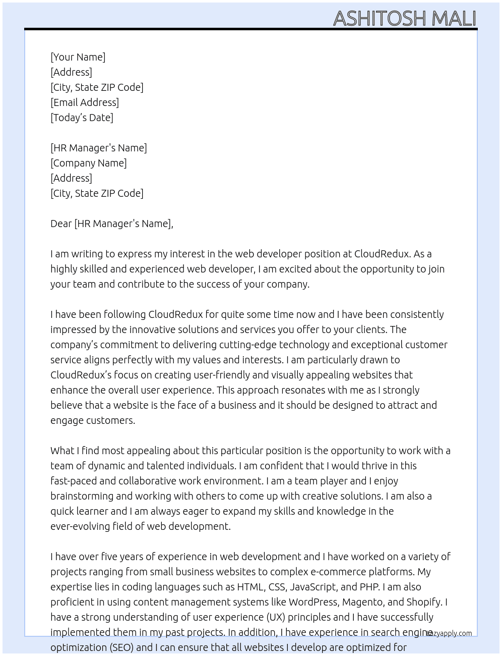 web developer  At CloudRedux Cover Letter