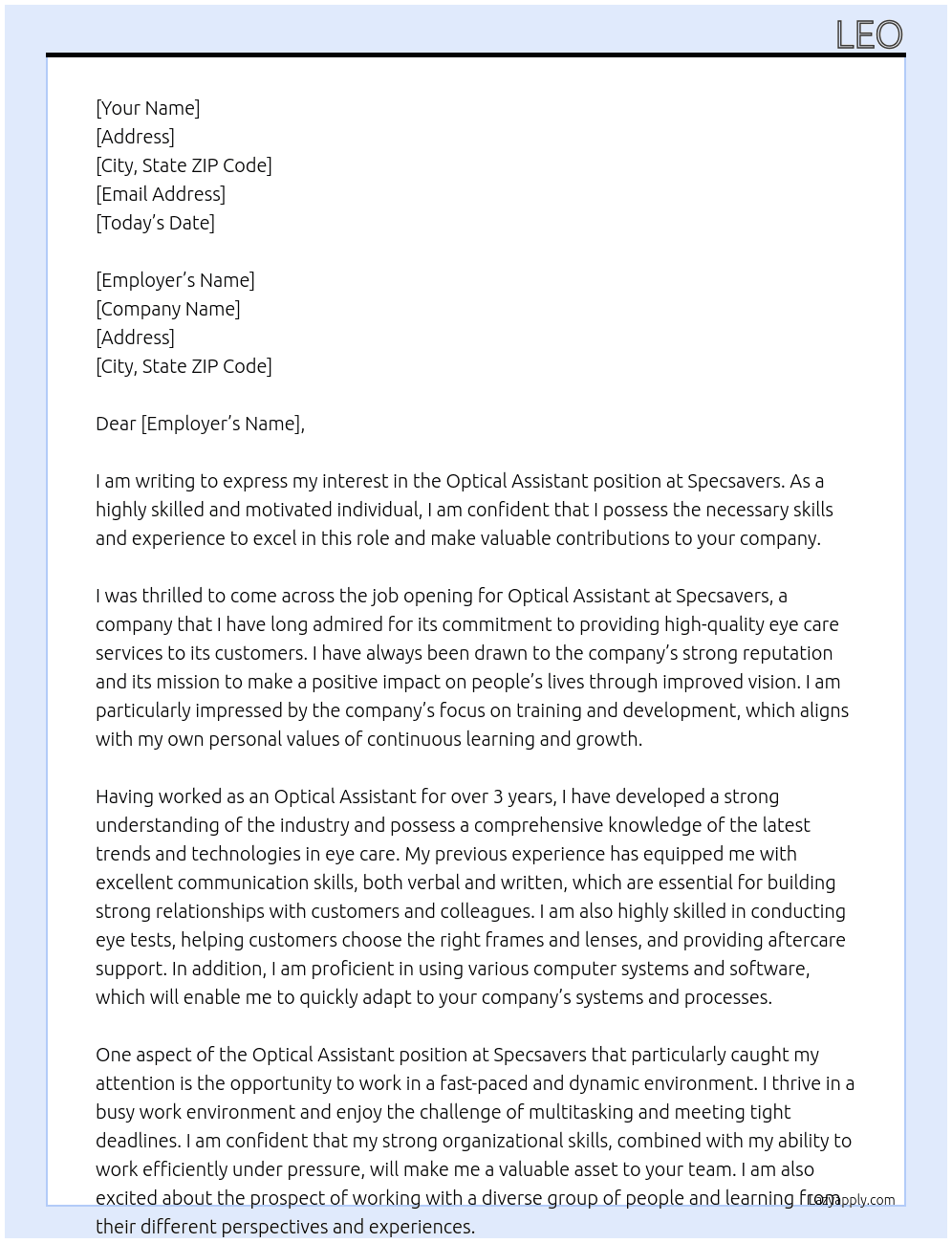 Optical Assistant  At Specsavers  Cover Letter