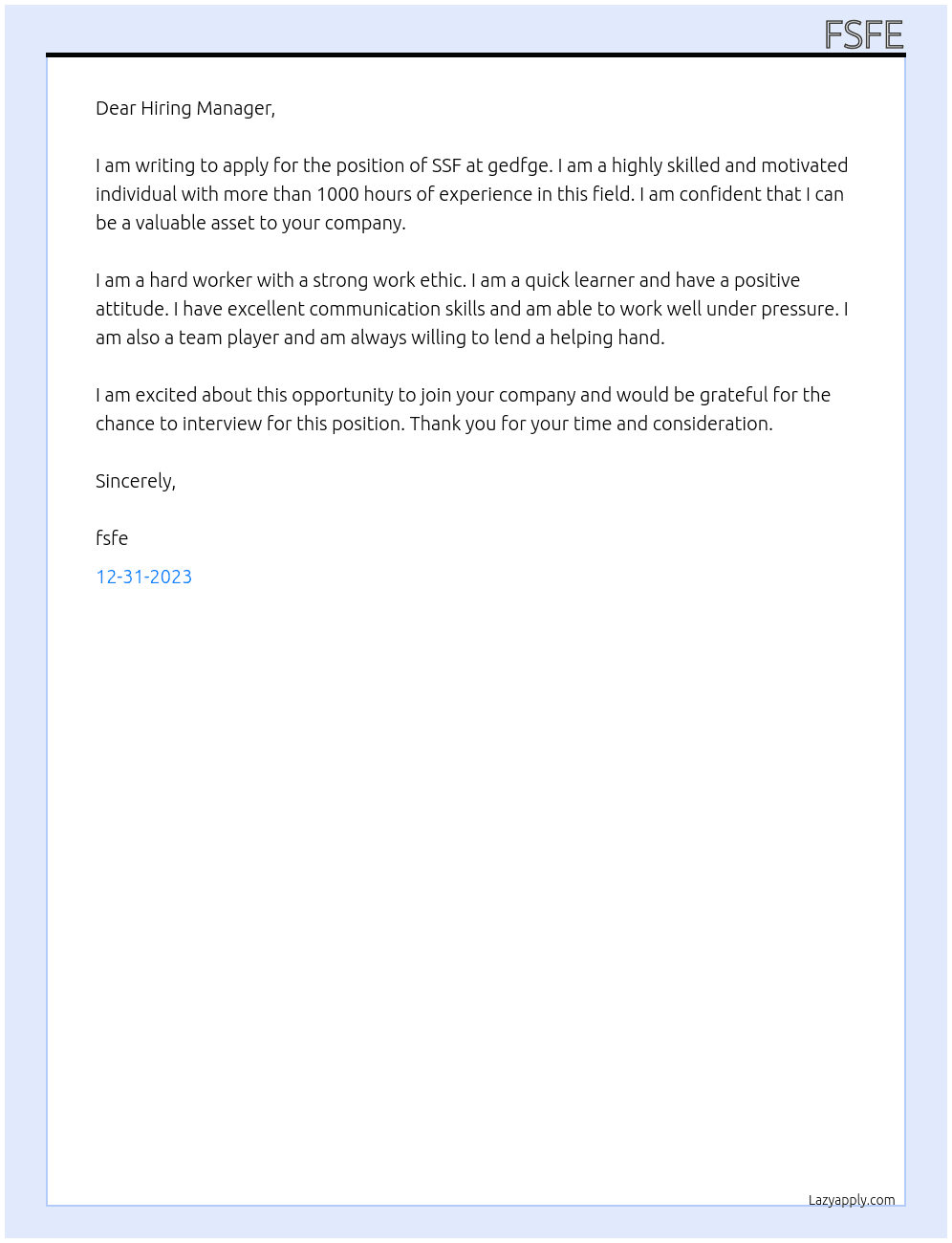 ssf At gedfge Cover Letter