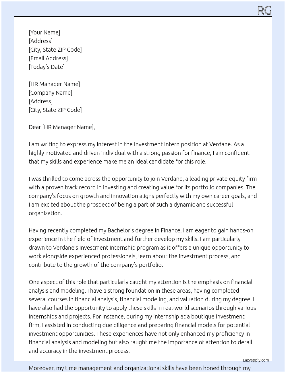 Investment Intern At Verdane Cover Letter
