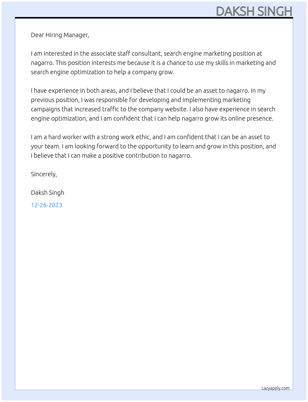 Associate staff consultant, search engine marketing At nagarro Cover Letter