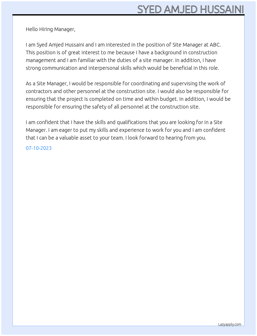 Site Manager At ABC Cover Letter