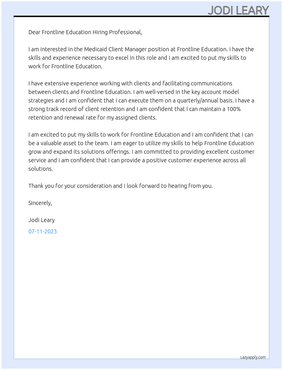 Medicaid Client Manager At Frontline Education Cover Letter