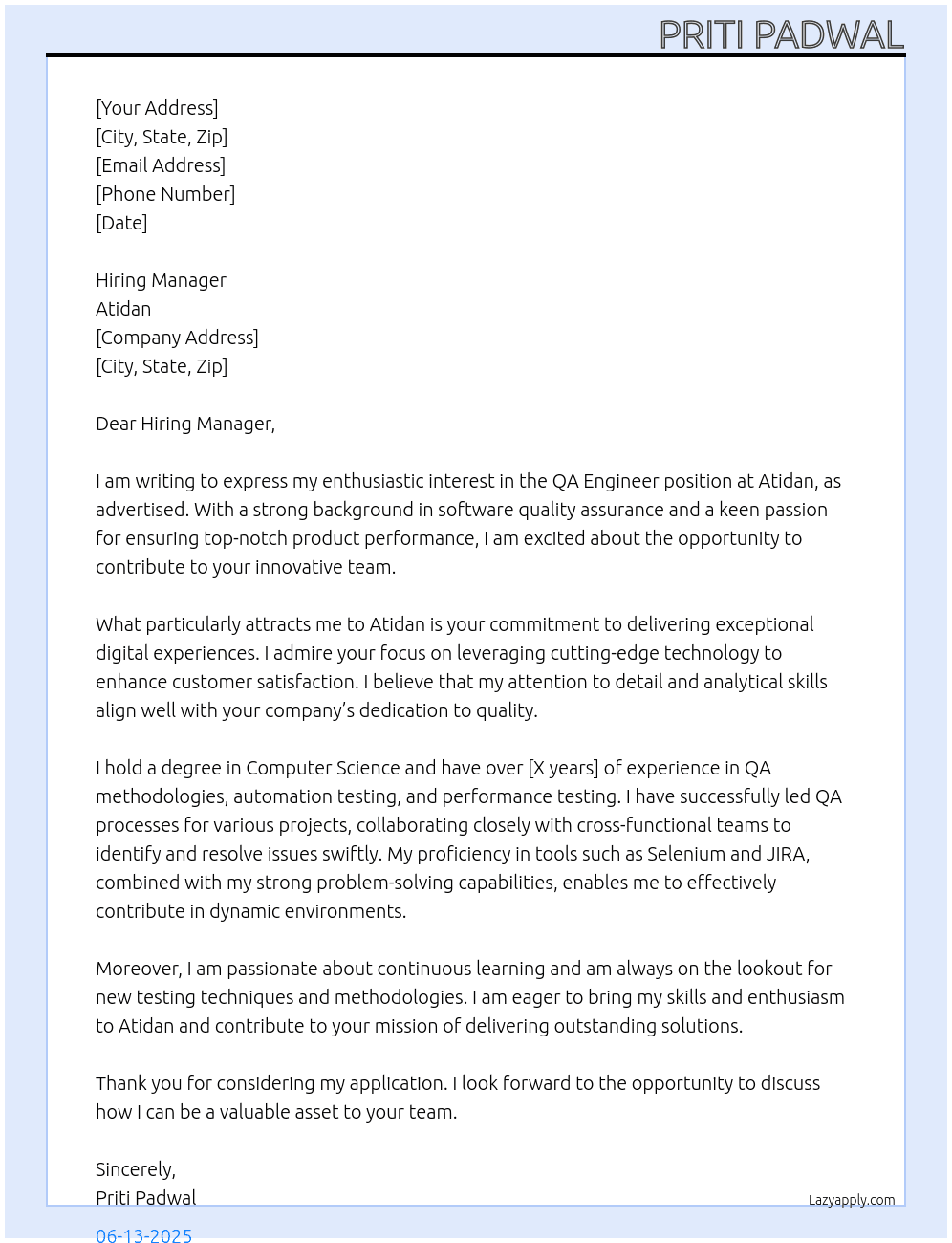 QA Engineer At atidan Cover Letter