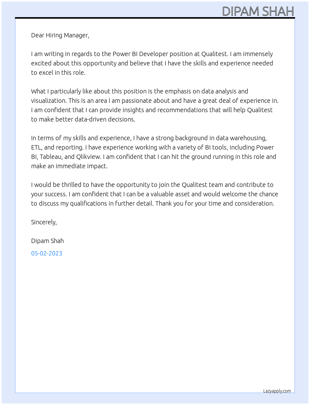 Power BI Developer At Qualitest Cover Letter