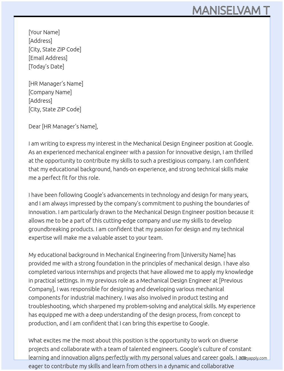 Mechanical Design Engineer At Google Cover Letter