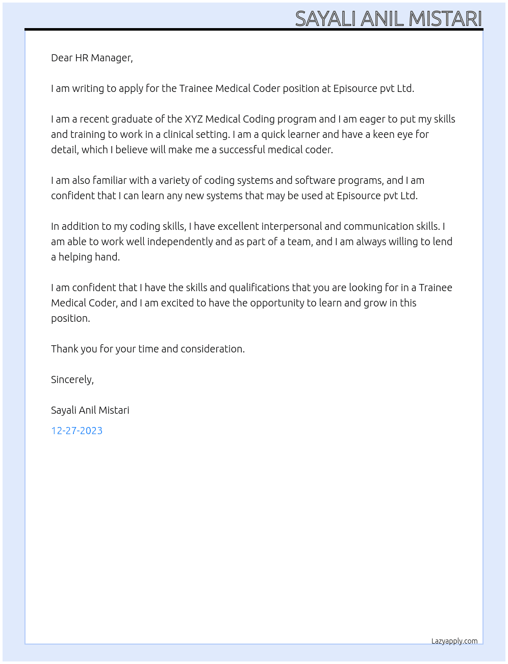 Trainee Medical Coder At Episource pvt Ltd Cover Letter