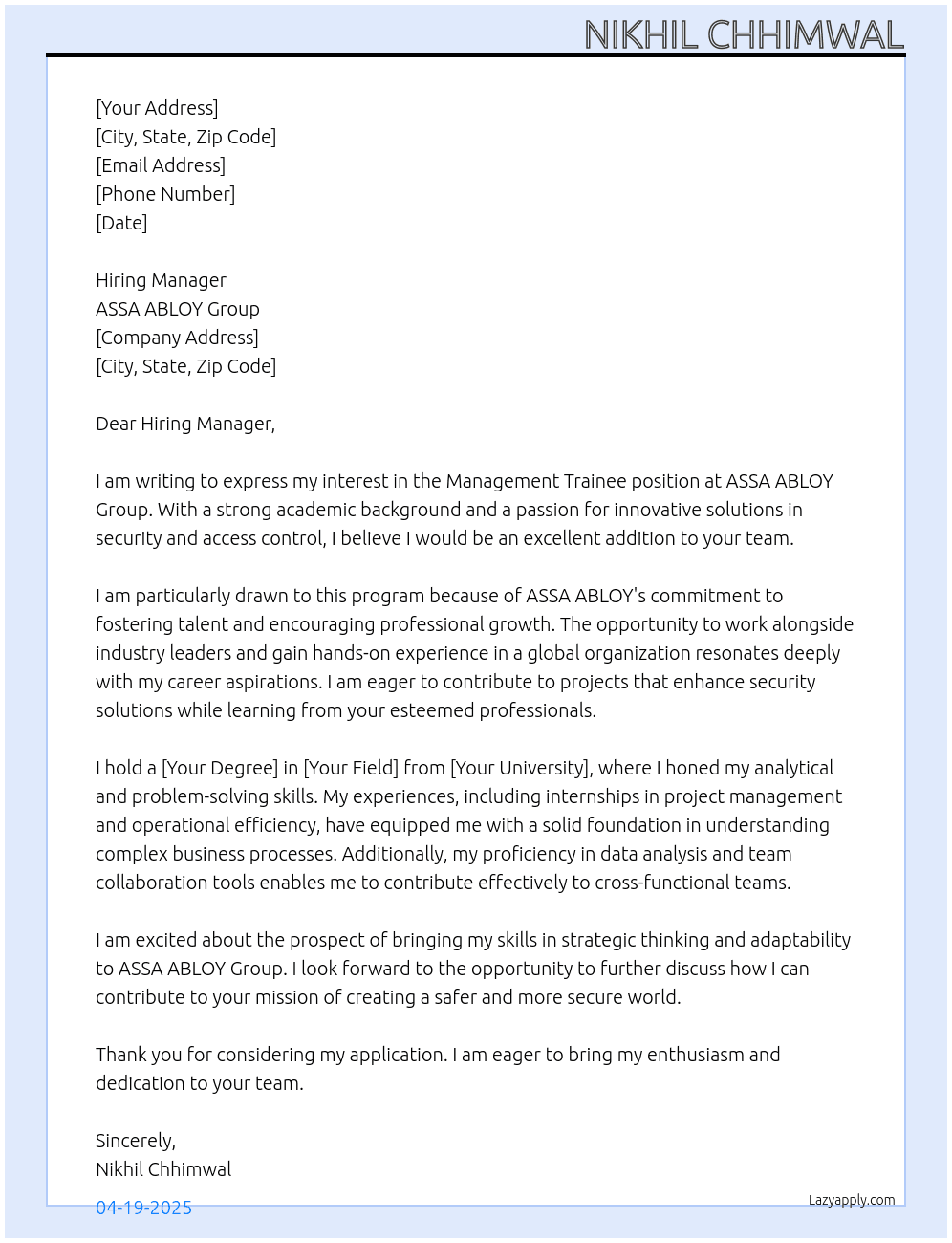 Management trainee At ASSA ABLOY Group  Cover Letter