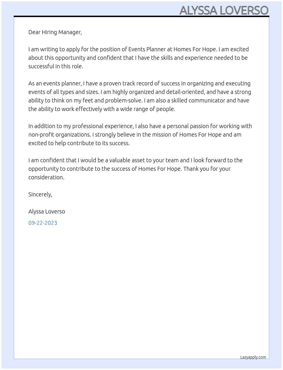 Events Planner At Homes For Hope Cover Letter