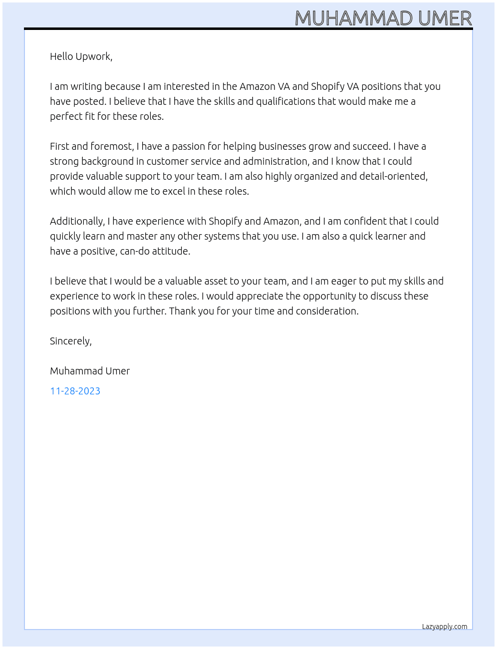 Amazon VA, Shopify VA At Virtual Assistant Cover Letter