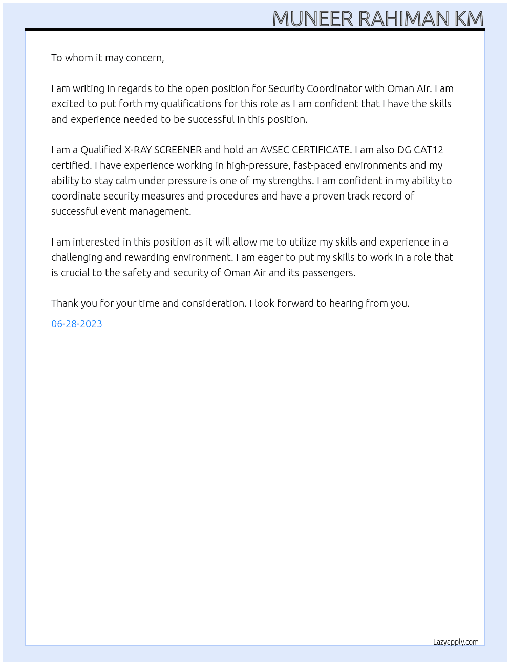 SECURITY COORDINATOR At 🇴🇲Oman air Cover Letter