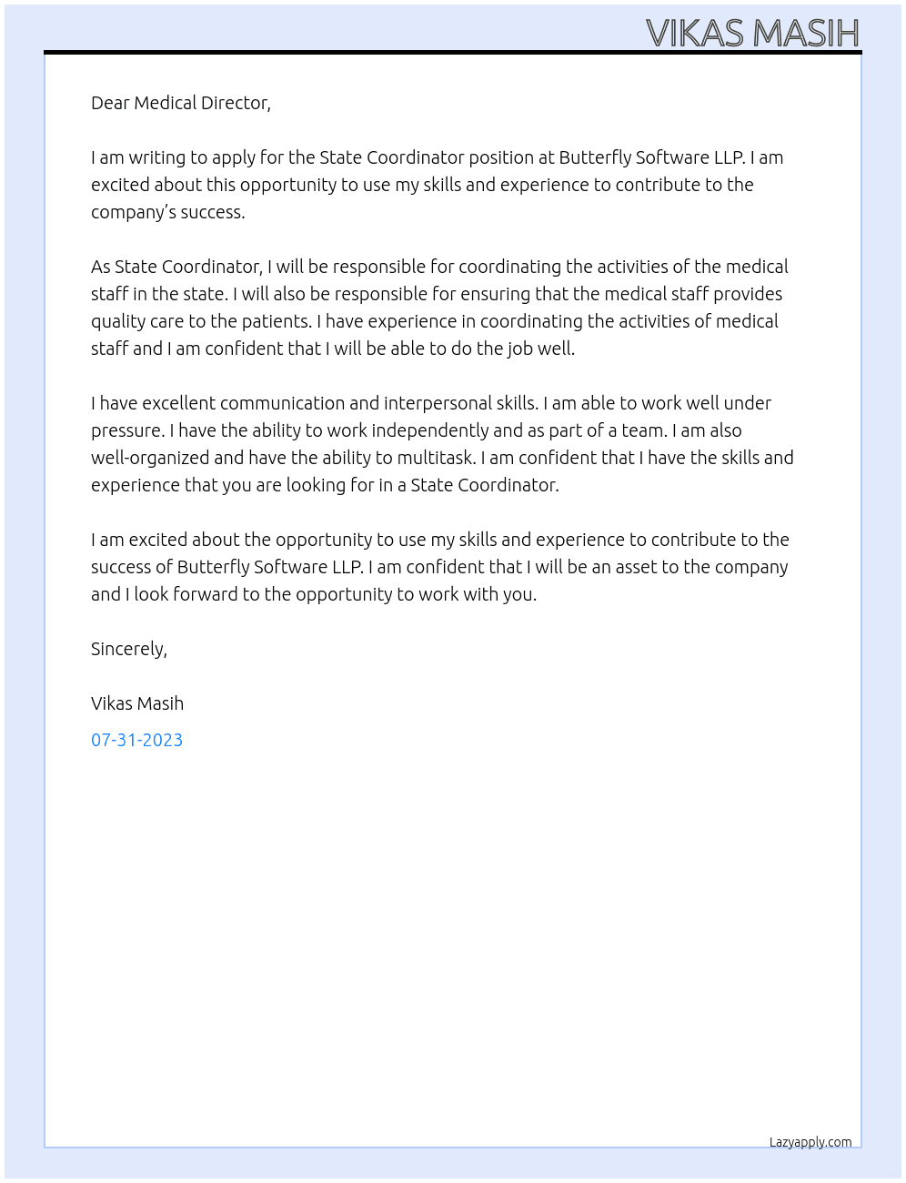 STATE CO-ORDINATOR  At BUTTERFLY SOFTWARE LLP. Cover Letter