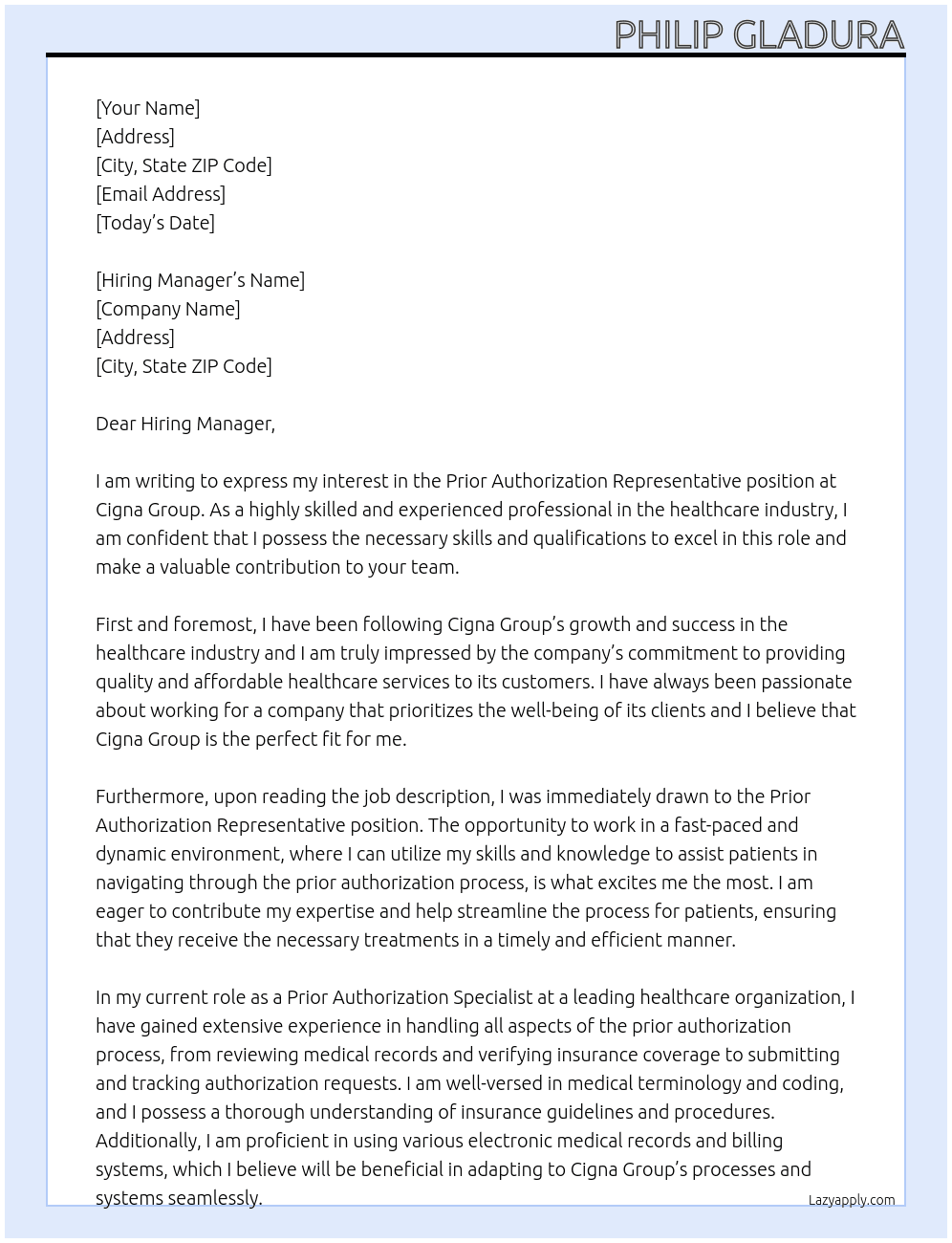 Prior Authorization Representative At Cigna Group Cover Letter