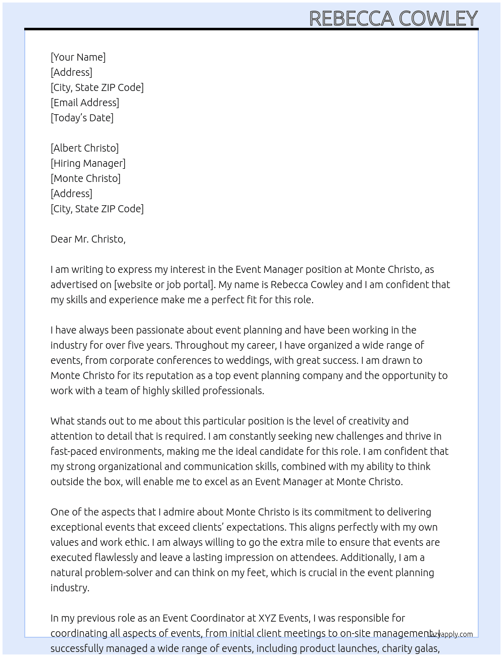event manager At Monte Christo Cover Letter