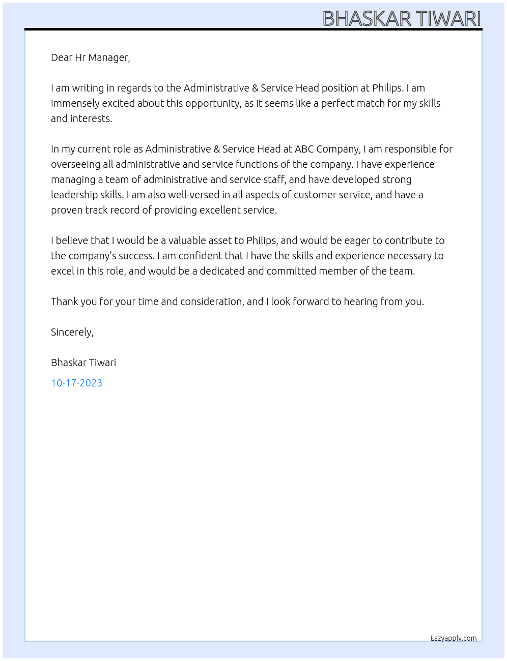 Administrative & Service Head At Philips Cover Letter