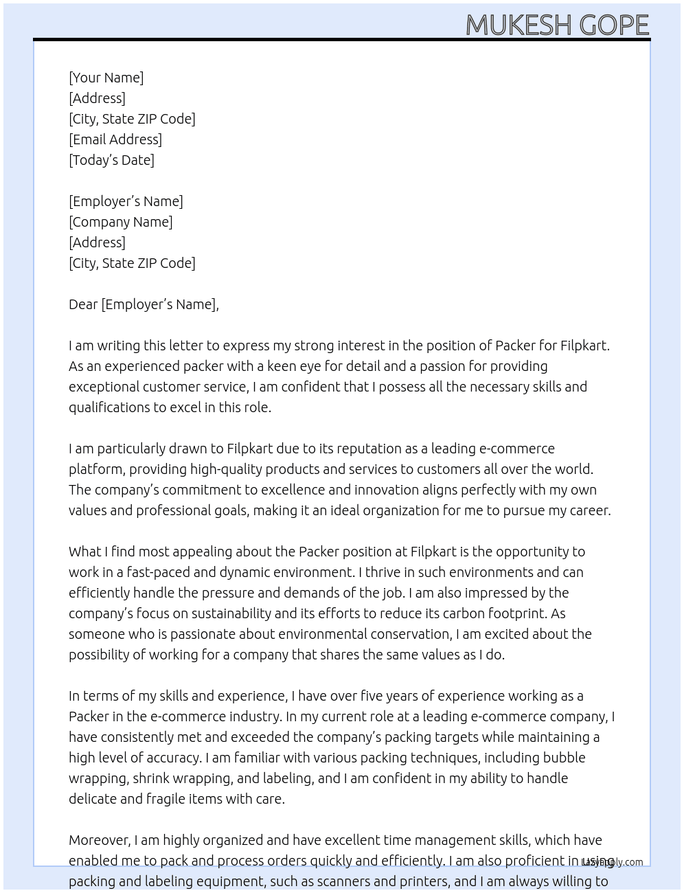 Packer packing  At Filpkart  Cover Letter