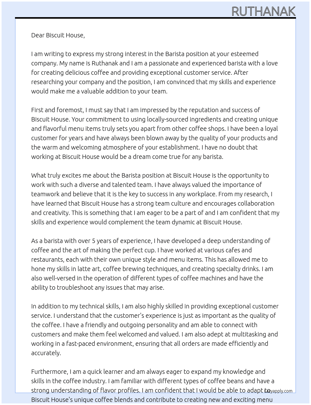 Barista At Biscuit House Cover Letter