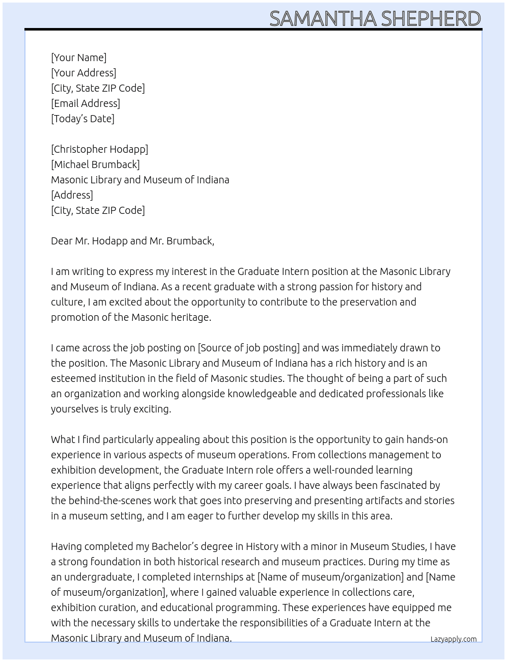 Graduate Intern At Masonic Library and Museum of Indiana Cover Letter